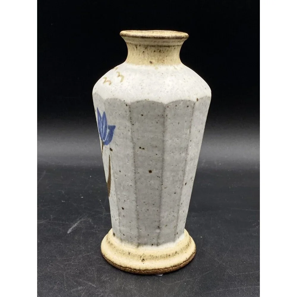 Stoneware Vase Flowers Sand and Browns Color Signed Crown 6.5”